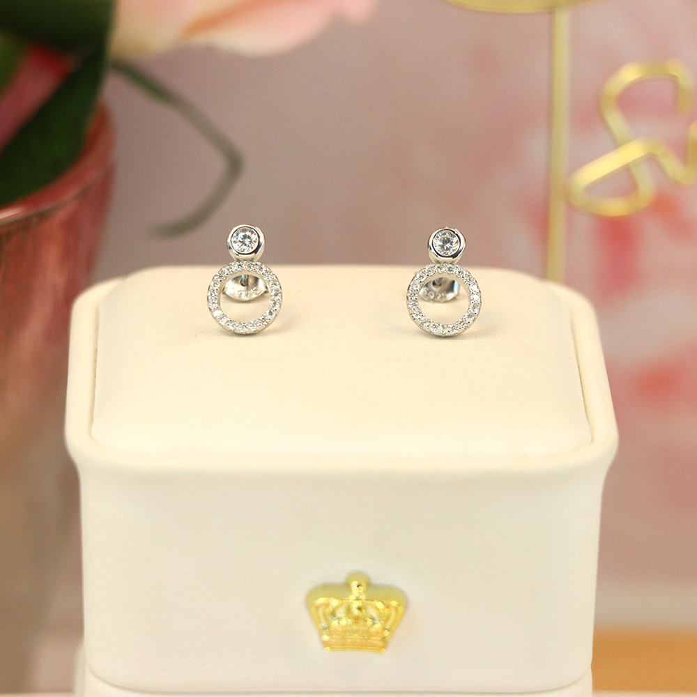 S925 Sterling Silver Round Hollow Stud Earrings with Full - Cut Zirconia - Elegant and Sparkling Jewelry for Women