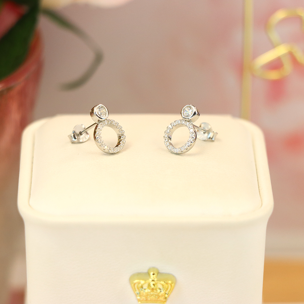 S925 Sterling Silver Round Hollow Stud Earrings with Full - Cut Zirconia - Elegant and Sparkling Jewelry for Women