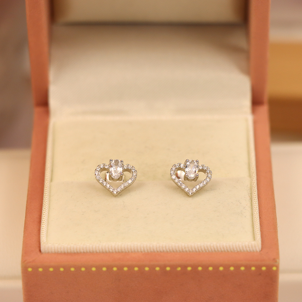 Sparkling Heart Stud Earrings, S925 Sterling Silver Romantic Jewelry, Crystal Love Earrings, Eternal Gift for Her