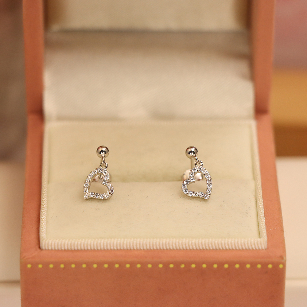 Open Heart Earrings with Zircon, S925 Sterling Silver Hollow Out Studs, Dainty Romantic Jewelry Gift for Girlfriend