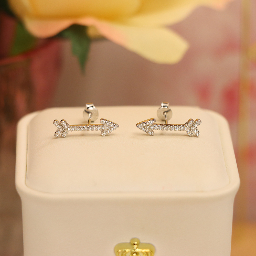 Full Zircon Arrow Stud Earrings, S925 Sterling Silver Geometric Dangle Studs, Sparkling Dainty Luxury Gift for Women