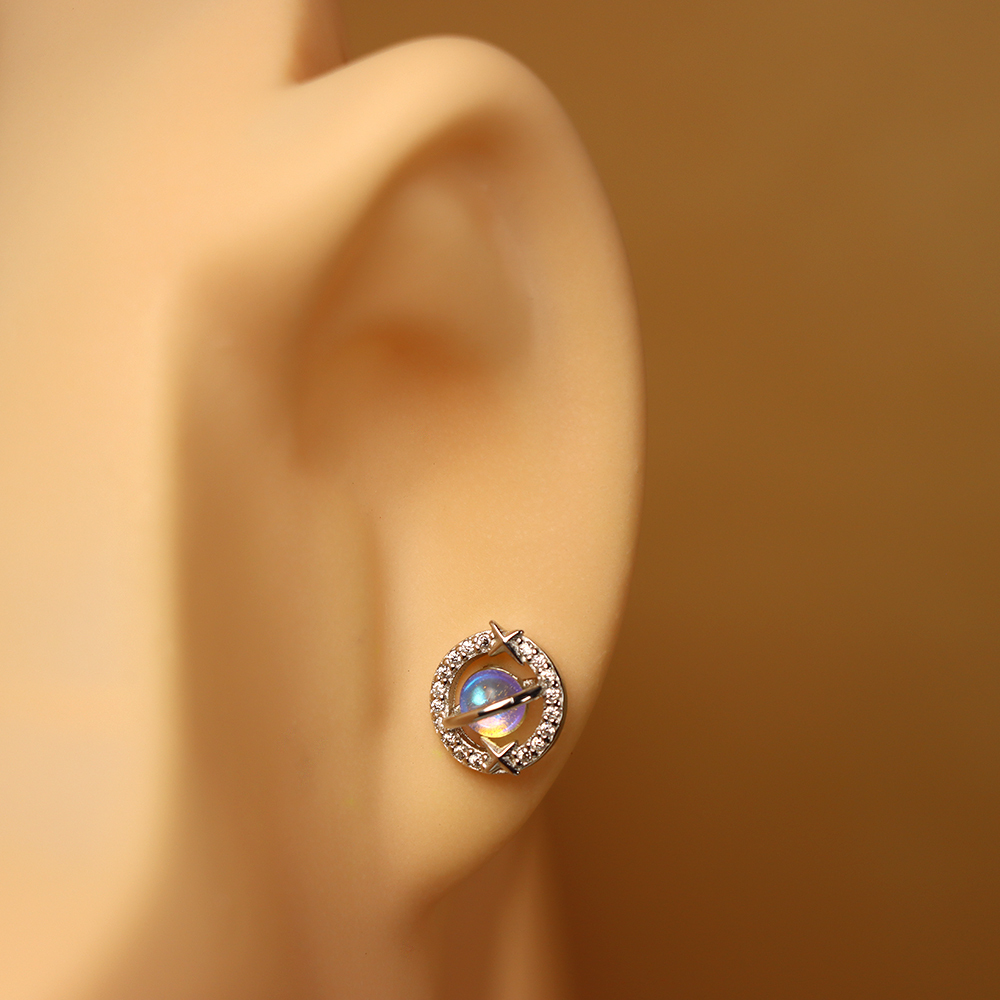 S925 Silver Earrings with Moonstone in a Planet - shaped Design