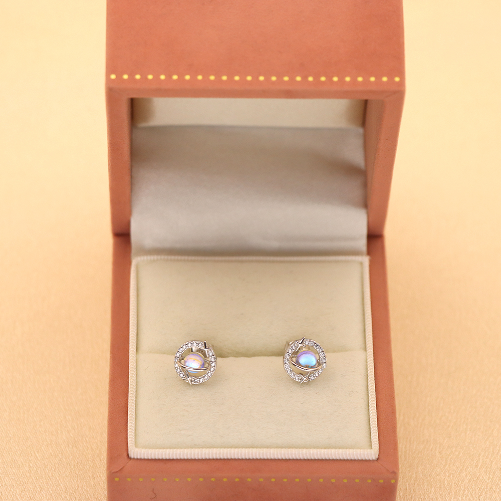 S925 Silver Earrings with Moonstone in a Planet - shaped Design