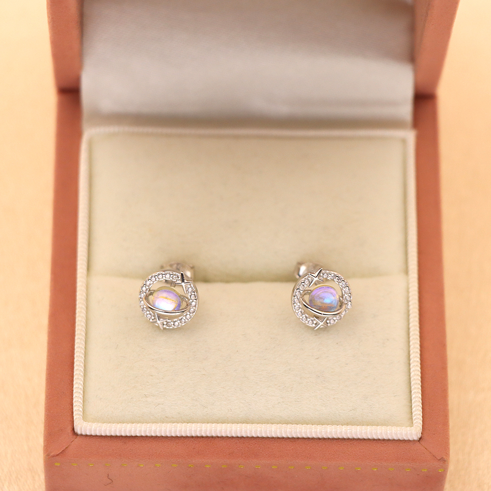 S925 Silver Earrings with Moonstone in a Planet - shaped Design