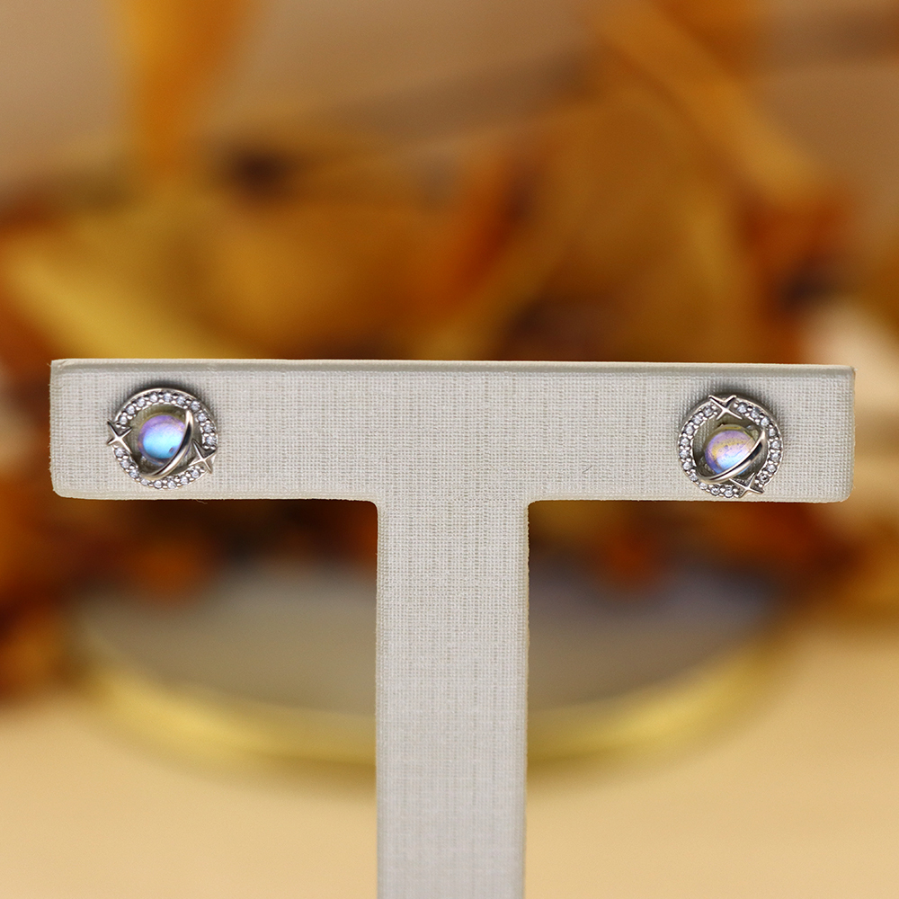 S925 Silver Earrings with Moonstone in a Planet - shaped Design