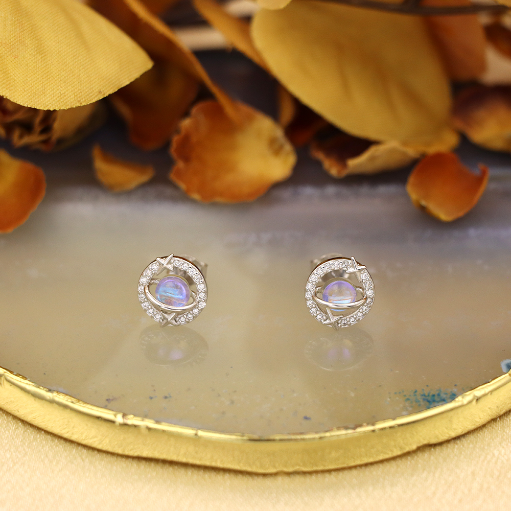 S925 Silver Earrings with Moonstone in a Planet - shaped Design