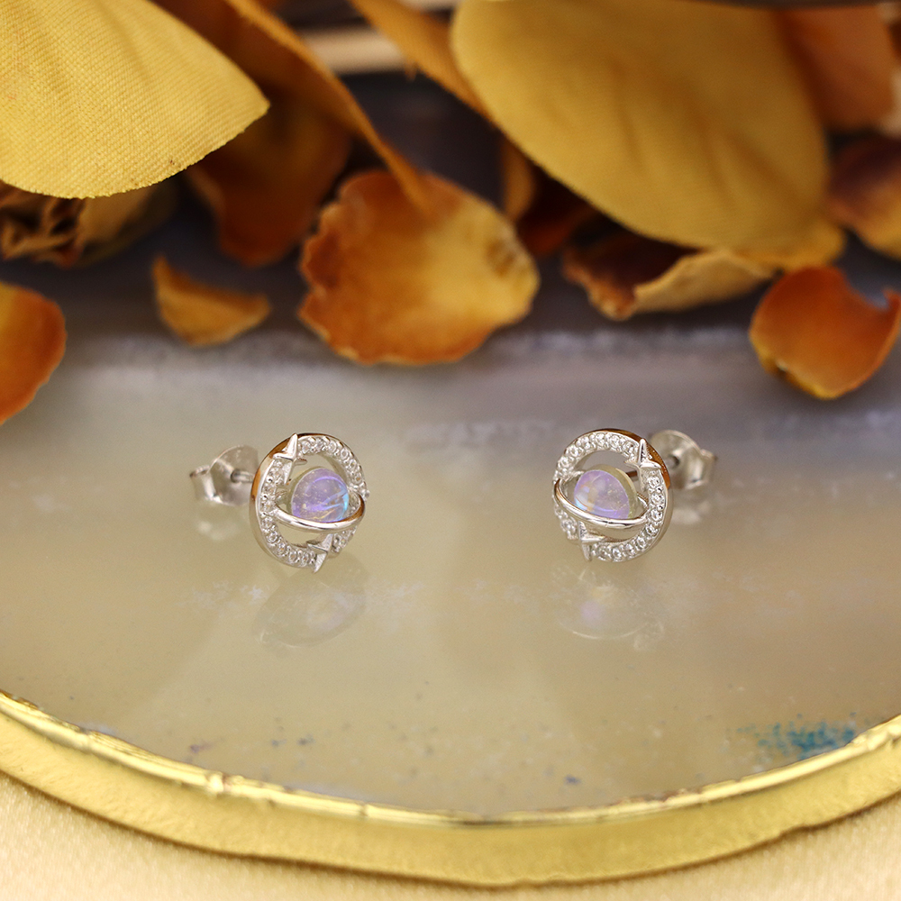 S925 Silver Earrings with Moonstone in a Planet - shaped Design