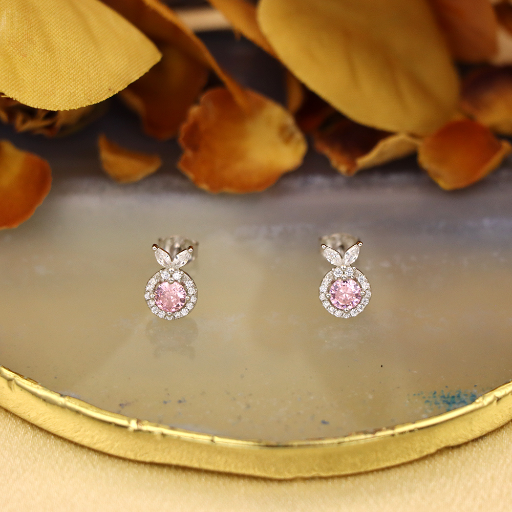 S925 Sterling Silver Earrings with Pink Cubic Zirconia in Geometric Design