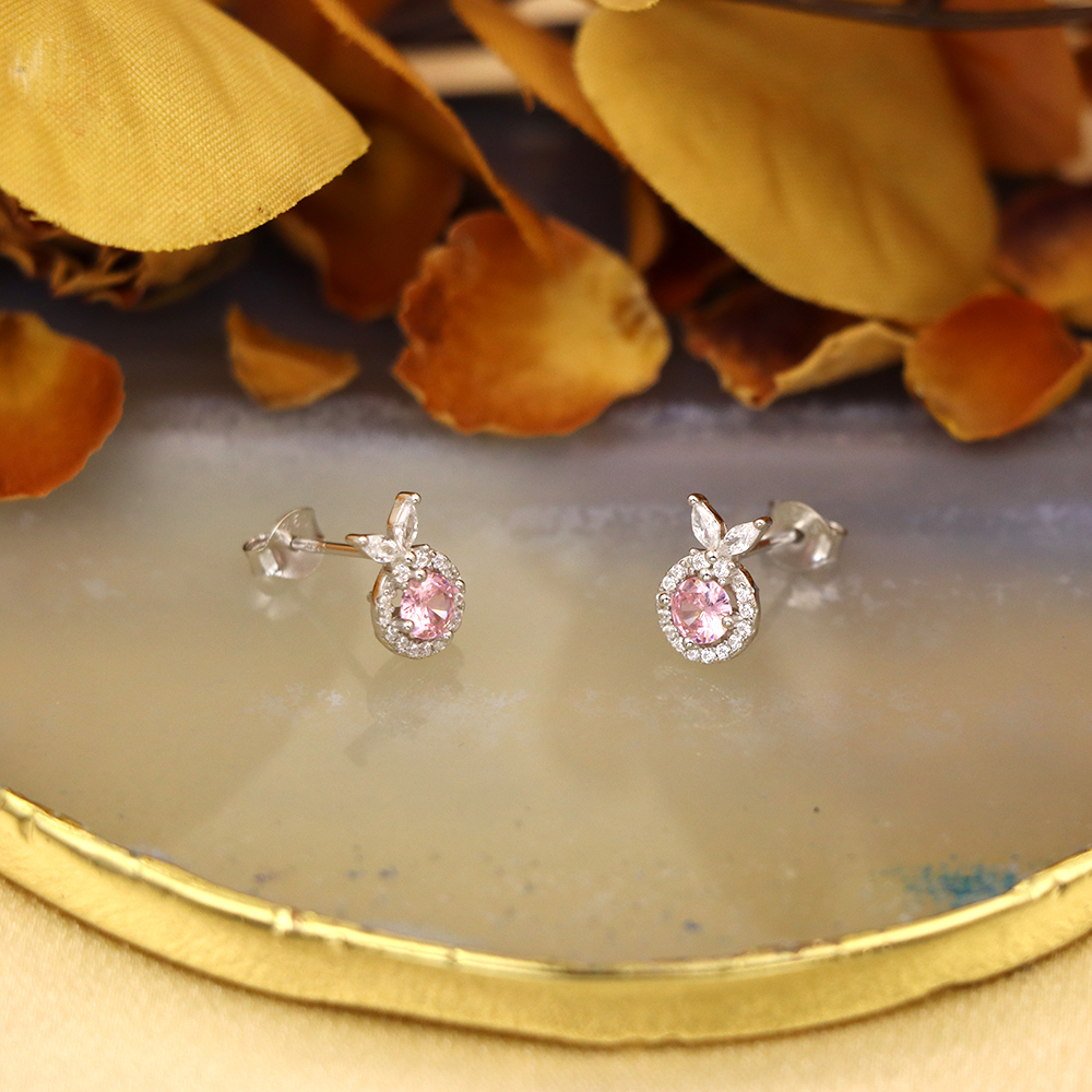 S925 Sterling Silver Earrings with Pink Cubic Zirconia in Geometric Design