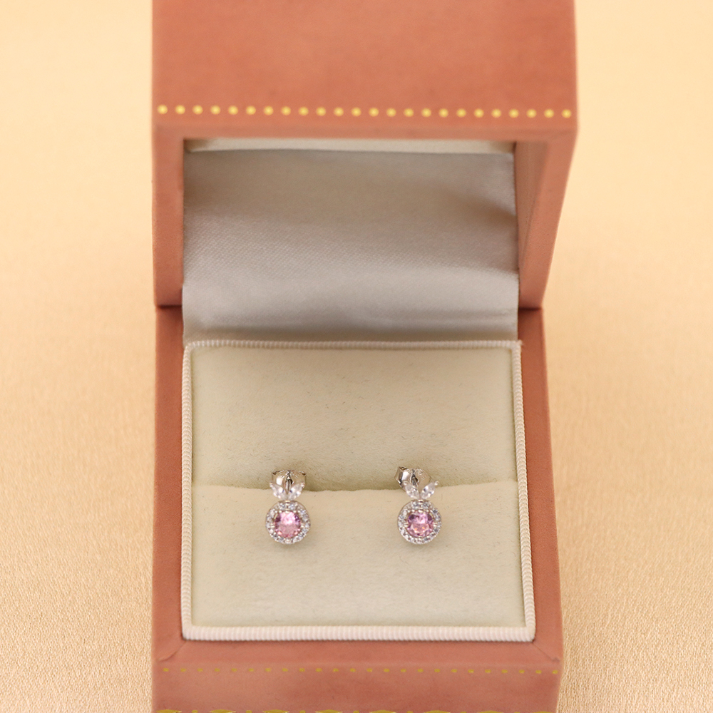 S925 Sterling Silver Earrings with Pink Cubic Zirconia in Geometric Design