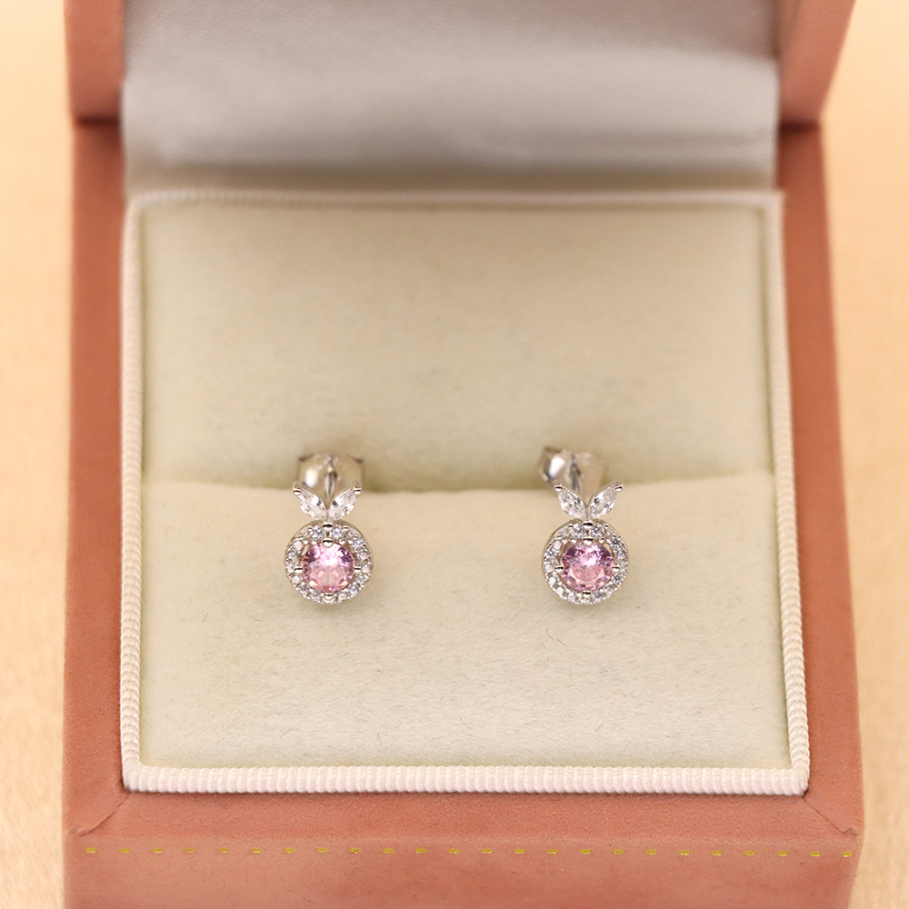 S925 Sterling Silver Earrings with Pink Cubic Zirconia in Geometric Design