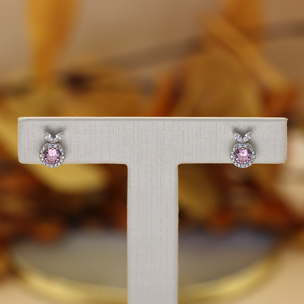 S925 Sterling Silver Earrings with Pink Cubic Zirconia in Geometric Design