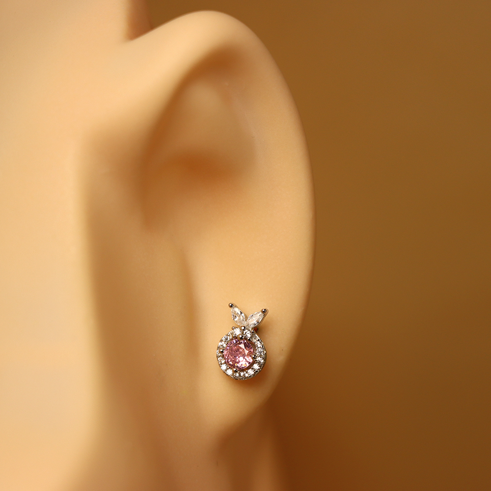 S925 Sterling Silver Earrings with Pink Cubic Zirconia in Geometric Design