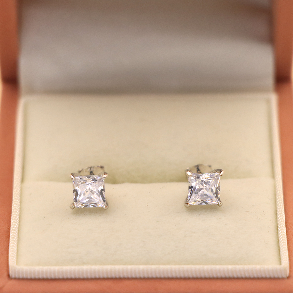 S925 Sterling Silver Square - shaped Cubic Zirconia Stud Earrings for Women