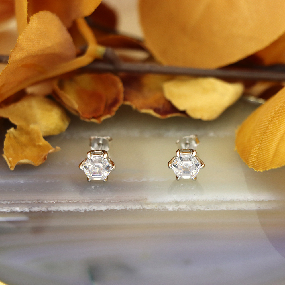 S925 Sterling Silver Hexagonal Diamond Earrings