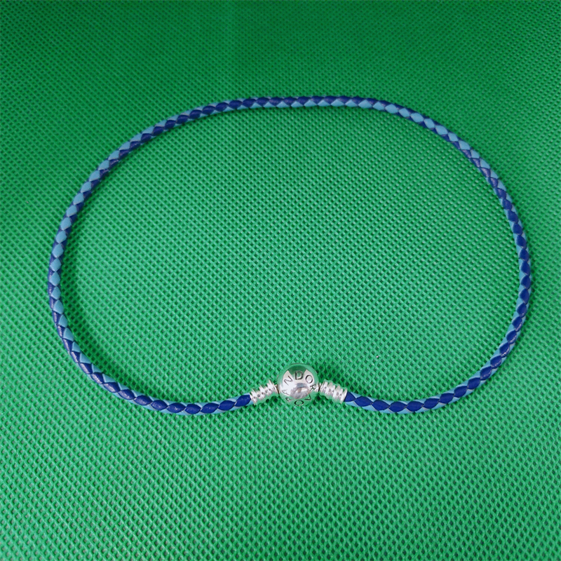 S925 Ale Double Mixed Blue Leather Pandora Moments Bracelet 35CM