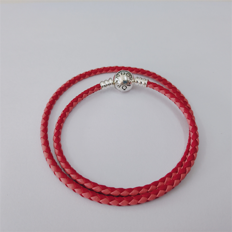 Silver S925 Ale Double Pink Leather Pandora Moments Bracelet 38cm