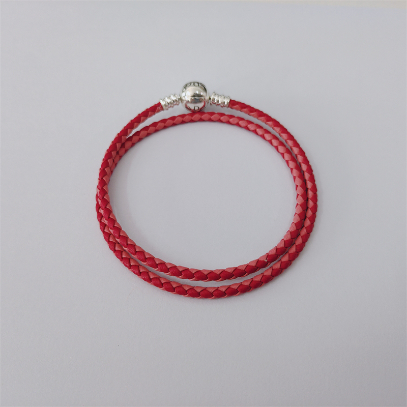 Silver S925 Ale Double Pink Leather Pandora Moments Bracelet 38cm