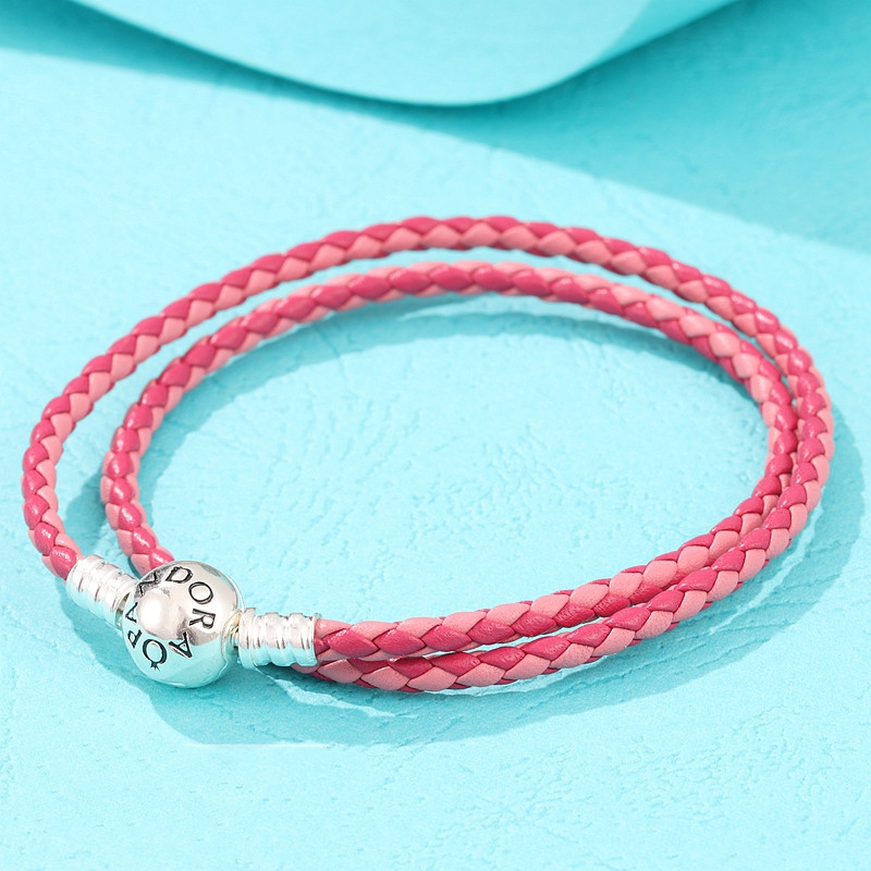 Silver S925 Ale Double Pink Leather Pandora Moments Bracelet 38cm