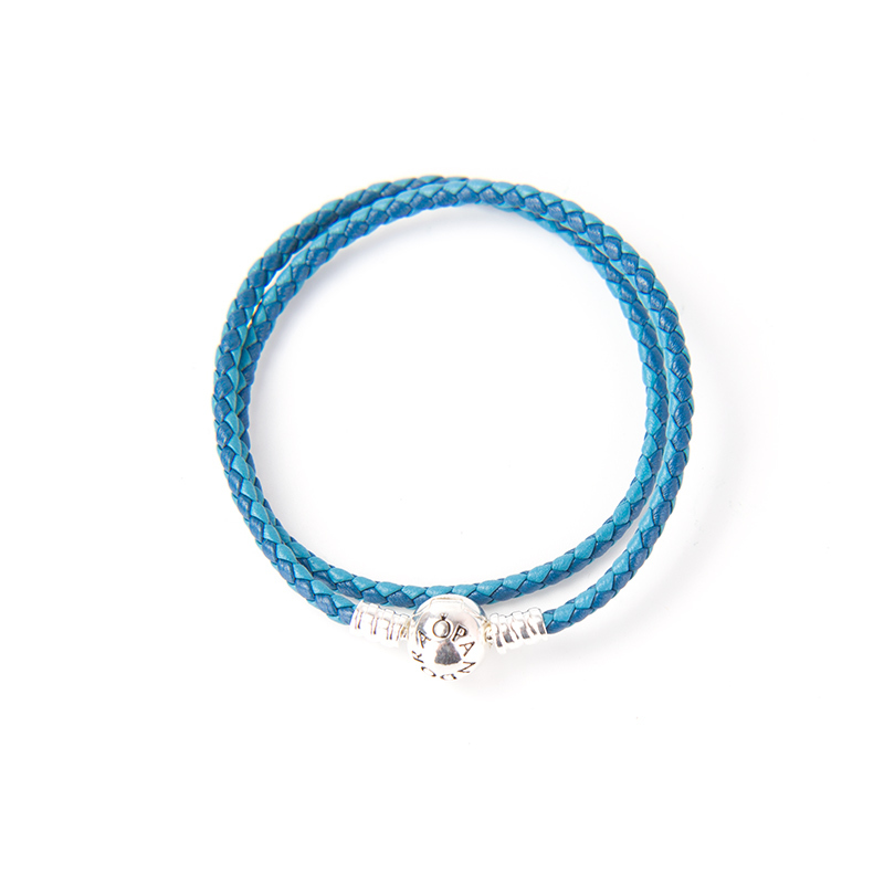 S925 Ale Double Mixed Blue Leather Pandora Moments Bracelet 35CM