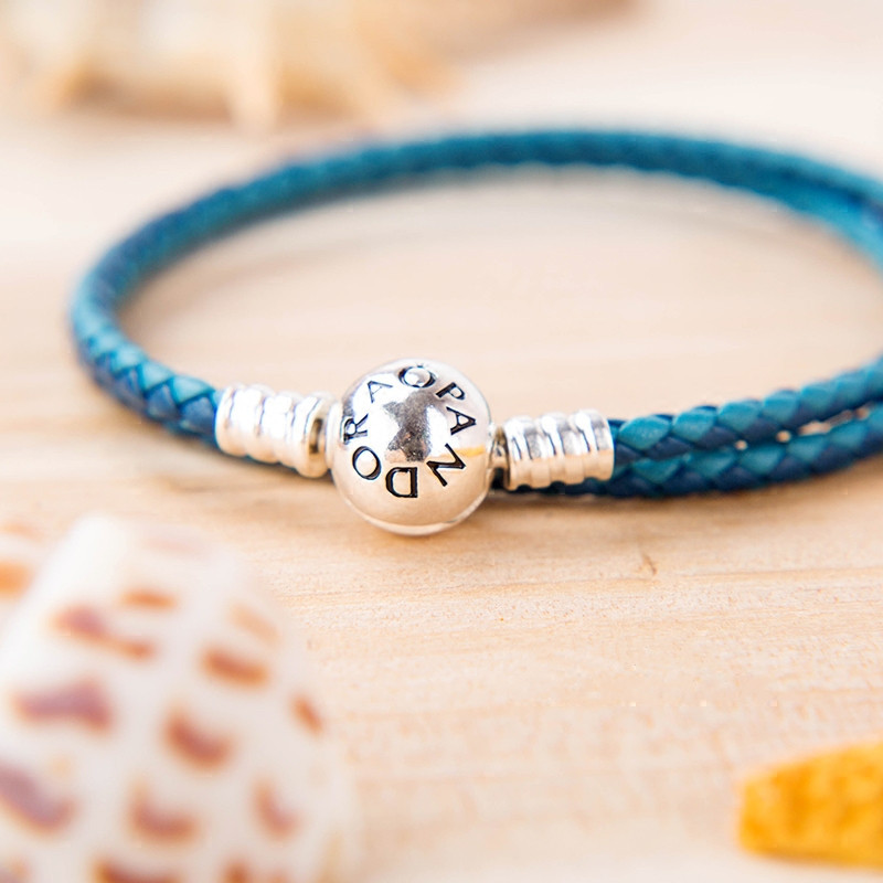 S925 Ale Double Mixed Blue Leather Pandora Moments Bracelet 35CM