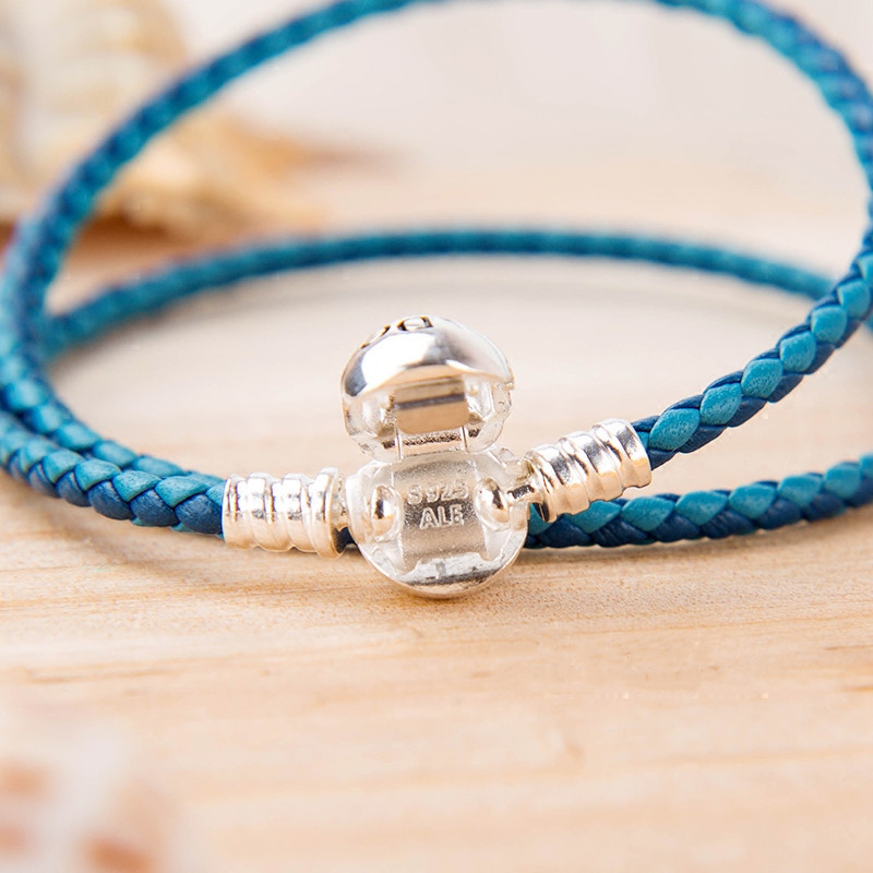 S925 Ale Double Mixed Blue Leather Pandora Moments Bracelet 41CM