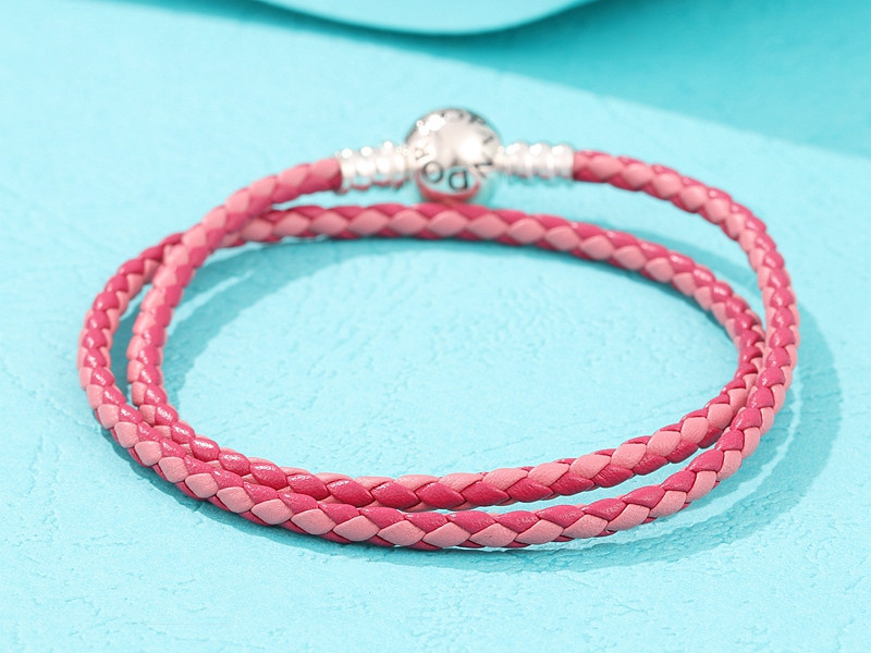 Silver S925 Ale Double Pink Leather Pandora Moments Bracelet 38cm
