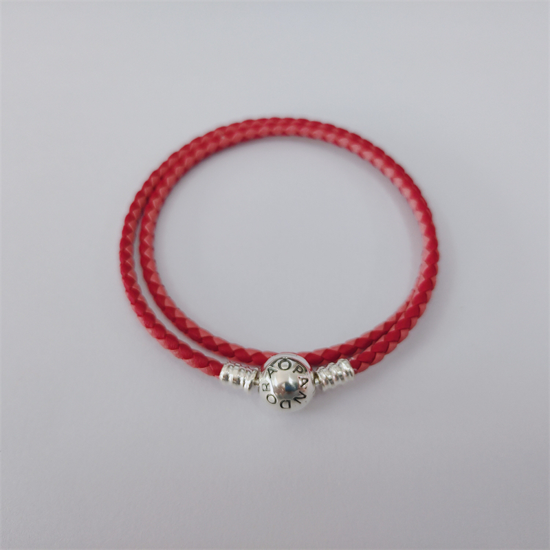 Silver S925 Ale Double Pink Leather Pandora Moments Bracelet 38cm
