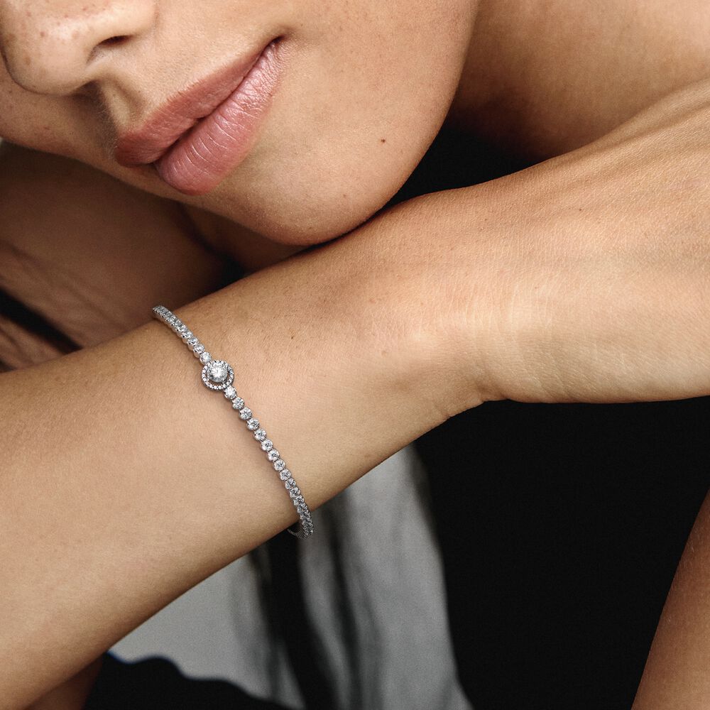PANDORA 925 Silver Sparkling Halo Tennis Bracelet
