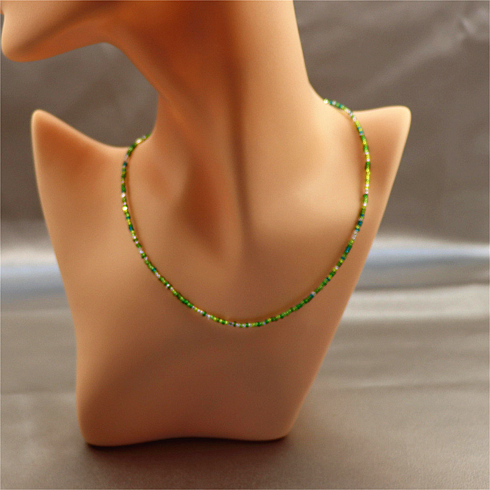 Tiny Green Crystal Beaded Choker – Sparkling Green and White Porcelain Stacking Necklace, Gift for Her