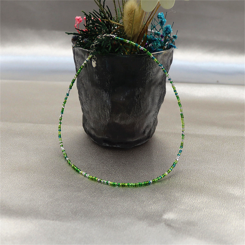 Tiny Green Crystal Beaded Choker – Sparkling Green and White Porcelain Stacking Necklace, Gift for Her