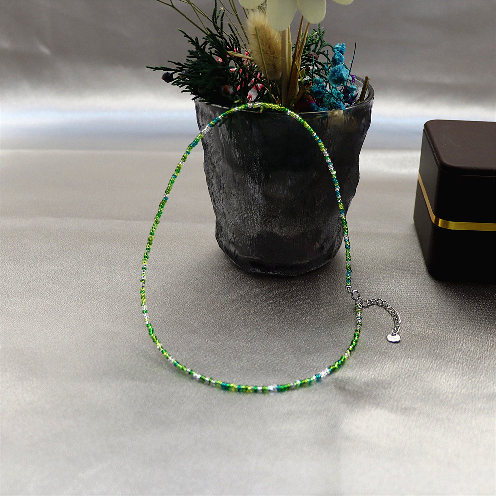 Tiny Green Crystal Beaded Choker – Sparkling Green and White Porcelain Stacking Necklace, Gift for Her