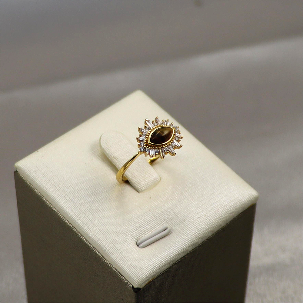 Gold Natural Marquise Tiger Eye Ring, Sterling Silver Evil Eye Ring, Lucky Eye Ring, Protection Ring, Dainty Stackable Ring, Gift for Her