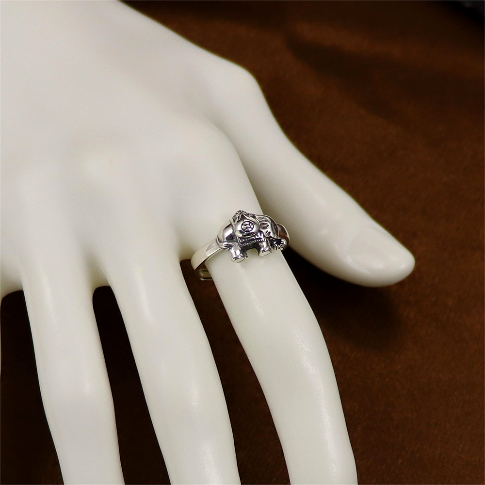 S925 Sterling Silver Elephant Ring Vintage Ring Nepalese National Culture Bohemian Ring Adjustable Opening