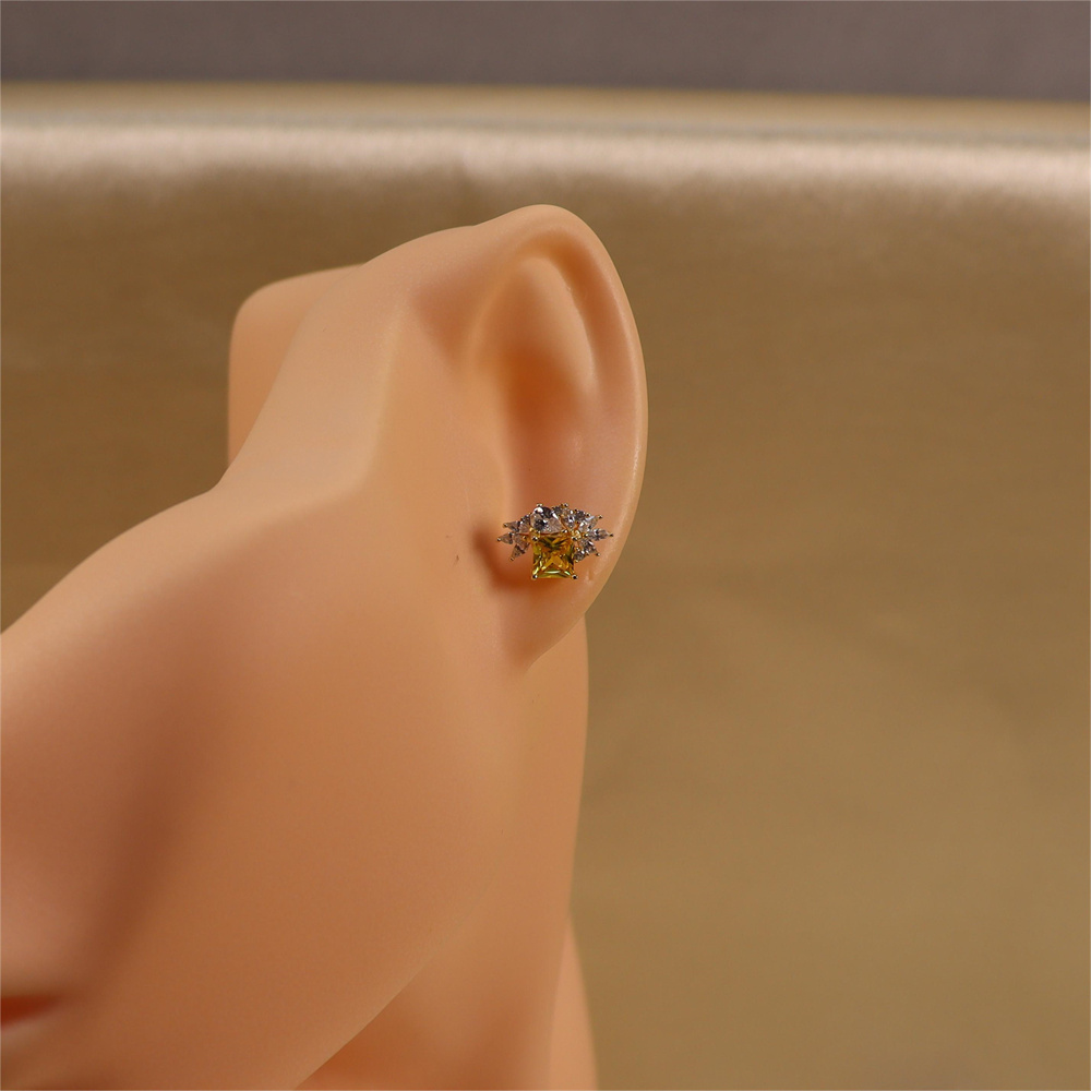 Gold Square Citrine CZ Earrings Cluster Marquise CZ Stud Earrings Silver Cubic Zirconia Stud Sparkly CZ Leaf Earring Gift Earrings