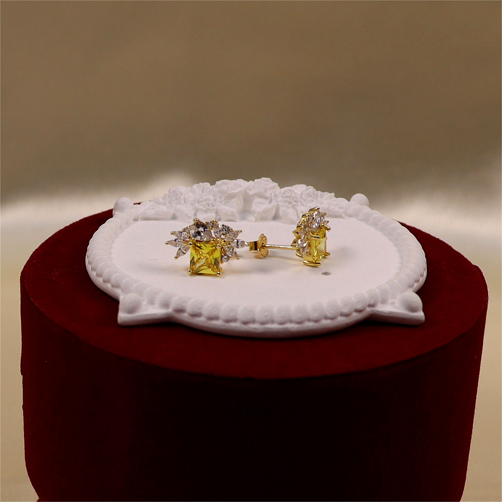 Gold Square Citrine CZ Earrings Cluster Marquise CZ Stud Earrings Silver Cubic Zirconia Stud Sparkly CZ Leaf Earring Gift Earrings