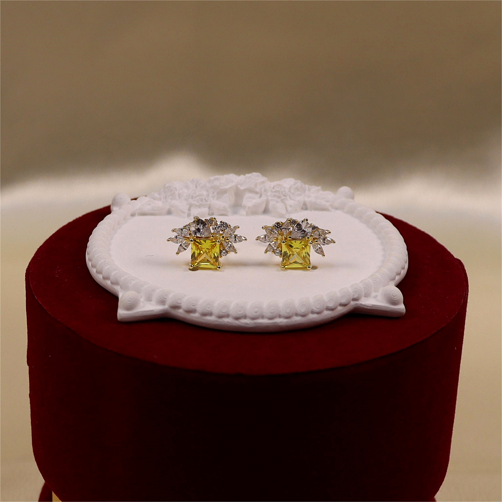 Gold Square Citrine CZ Earrings Cluster Marquise CZ Stud Earrings Silver Cubic Zirconia Stud Sparkly CZ Leaf Earring Gift Earrings