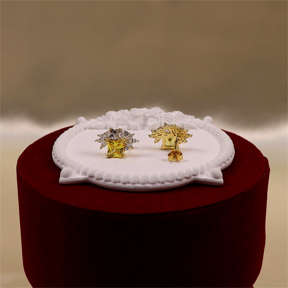 Gold Square Citrine CZ Earrings Cluster Marquise CZ Stud Earrings Silver Cubic Zirconia Stud Sparkly CZ Leaf Earring Gift Earrings