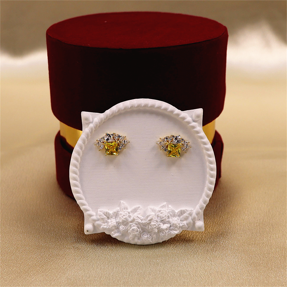 Gold Square Citrine CZ Earrings Cluster Marquise CZ Stud Earrings Silver Cubic Zirconia Stud Sparkly CZ Leaf Earring Gift Earrings