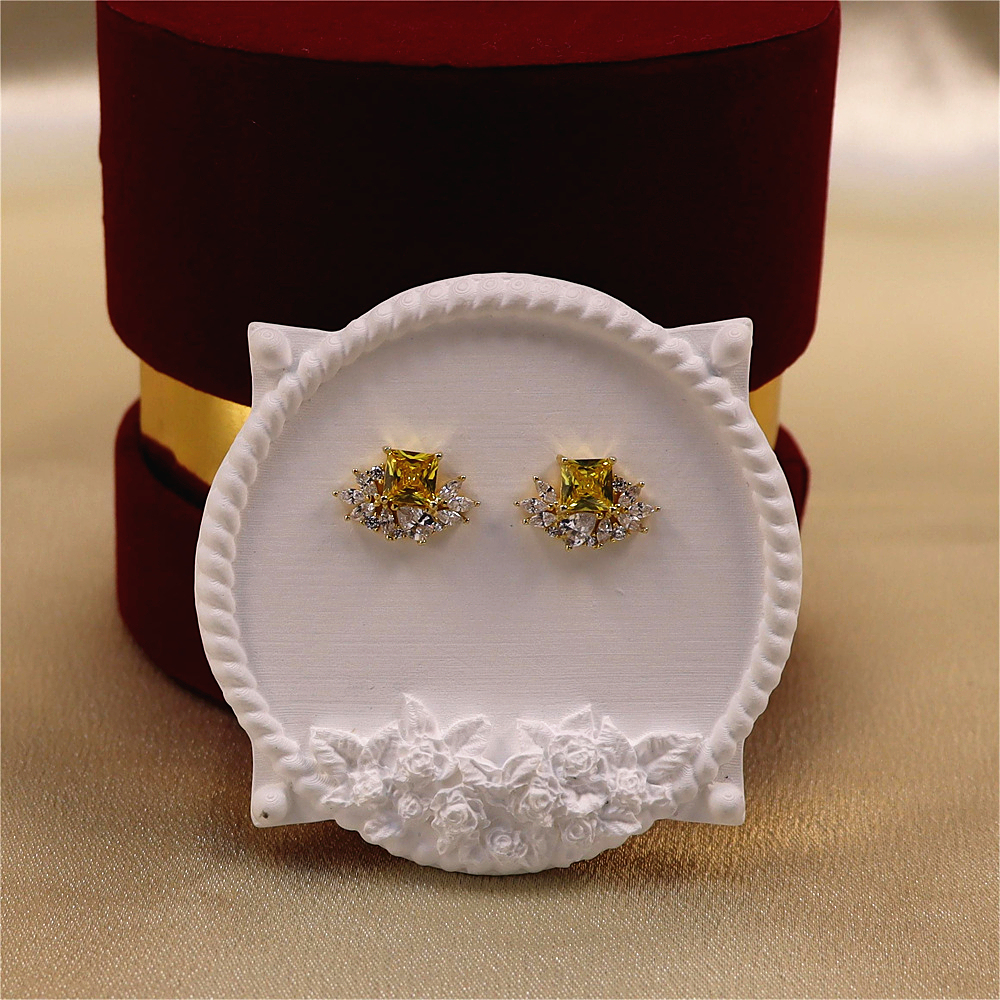 Gold Square Citrine CZ Earrings Cluster Marquise CZ Stud Earrings Silver Cubic Zirconia Stud Sparkly CZ Leaf Earring Gift Earrings