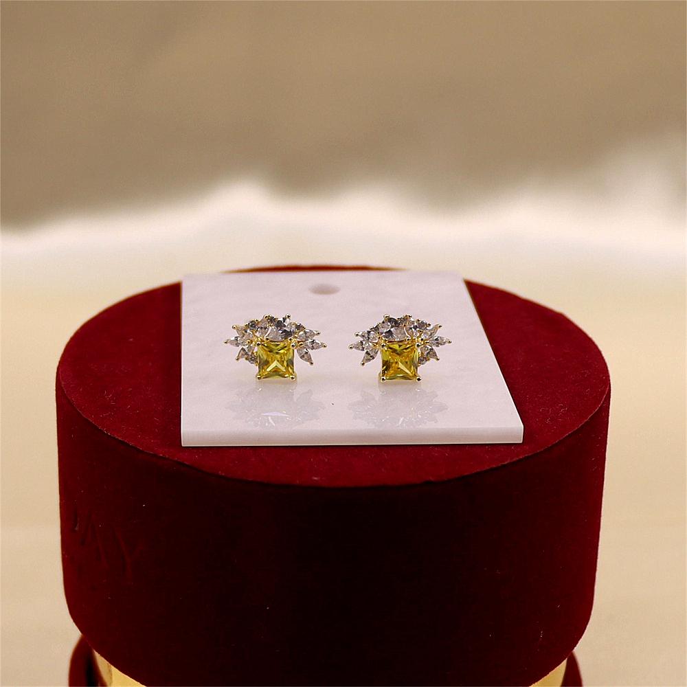 Gold Square Citrine CZ Earrings Cluster Marquise CZ Stud Earrings Silver Cubic Zirconia Stud Sparkly CZ Leaf Earring Gift Earrings