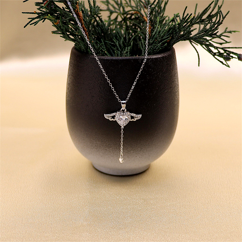 S925 Sterling Silver Cupid's Heart Necklace for Women - Wing Pendant Chain Necklace