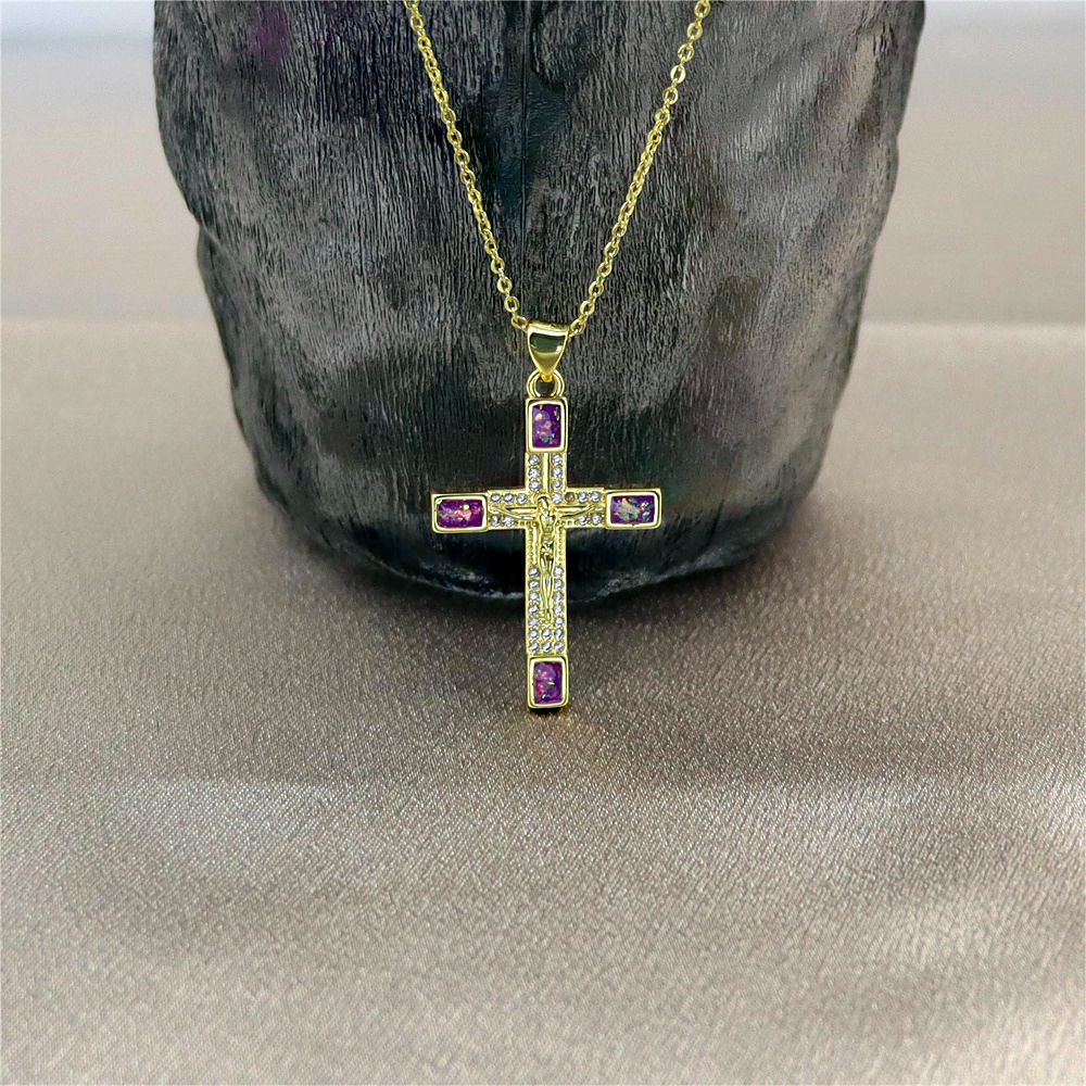 Gold-Plated Cross Copper Pendant Necklace with Opal –  Collarbone Chain for Unique Style
