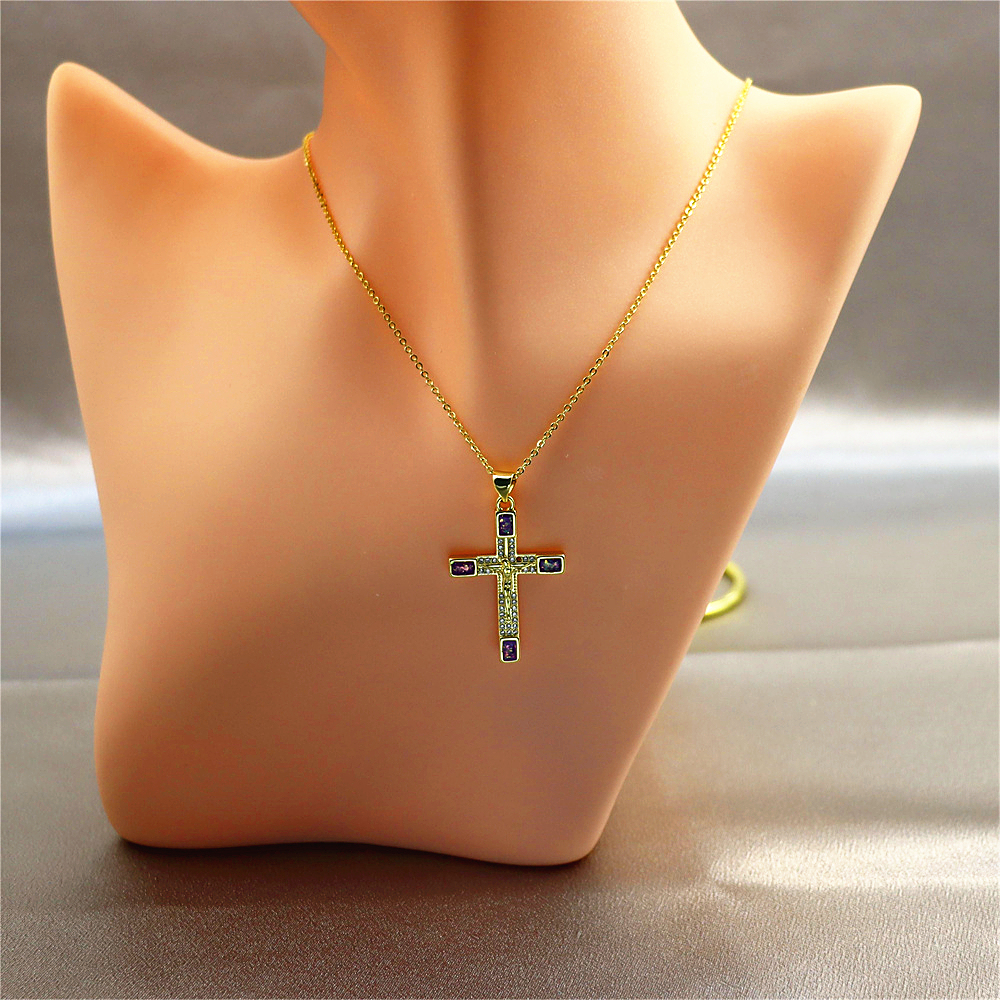 Gold-Plated Cross Copper Pendant Necklace with Opal –  Collarbone Chain for Unique Style