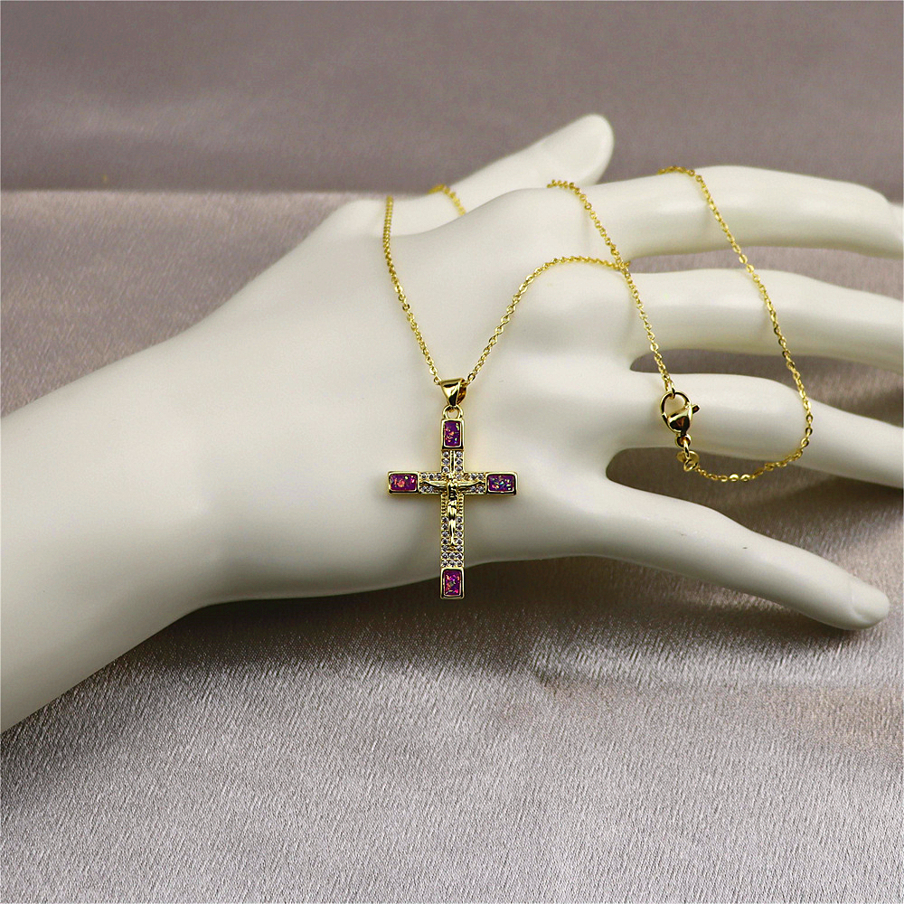 Gold-Plated Cross Copper Pendant Necklace with Opal –  Collarbone Chain for Unique Style