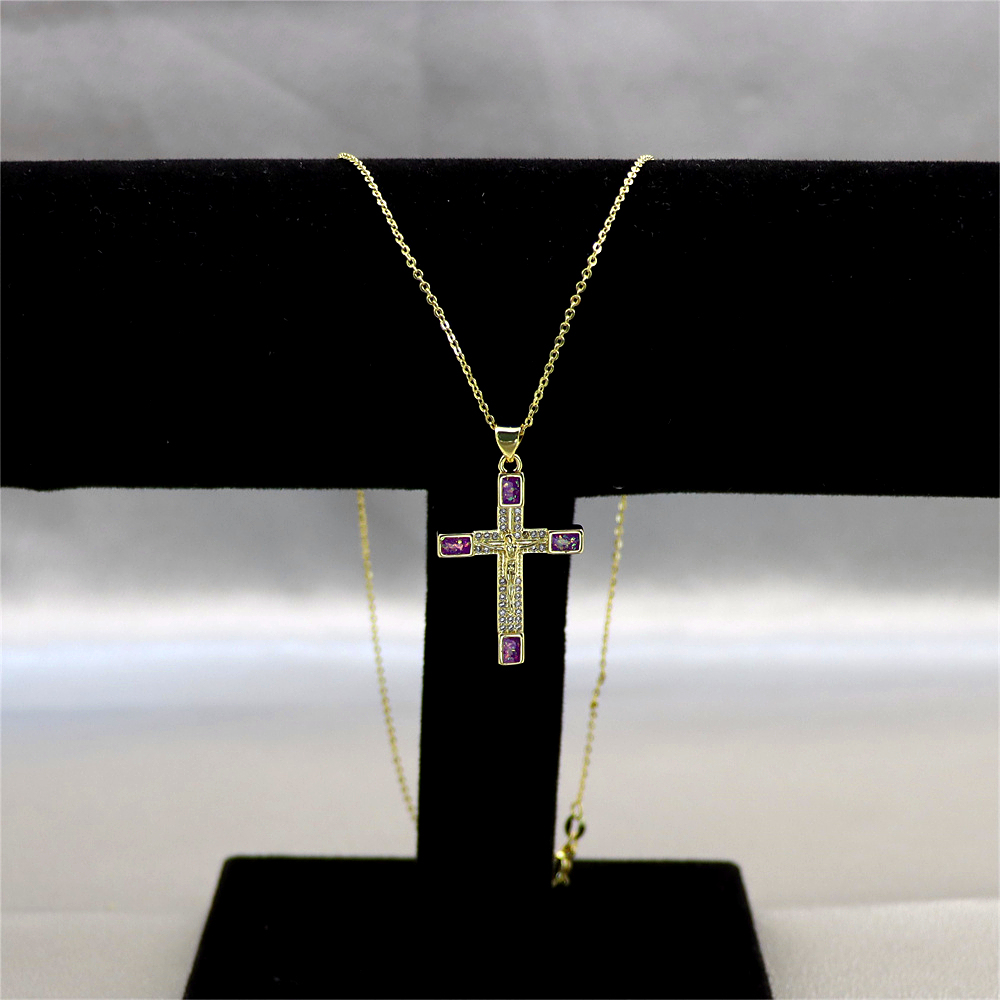 Gold-Plated Cross Copper Pendant Necklace with Opal –  Collarbone Chain for Unique Style