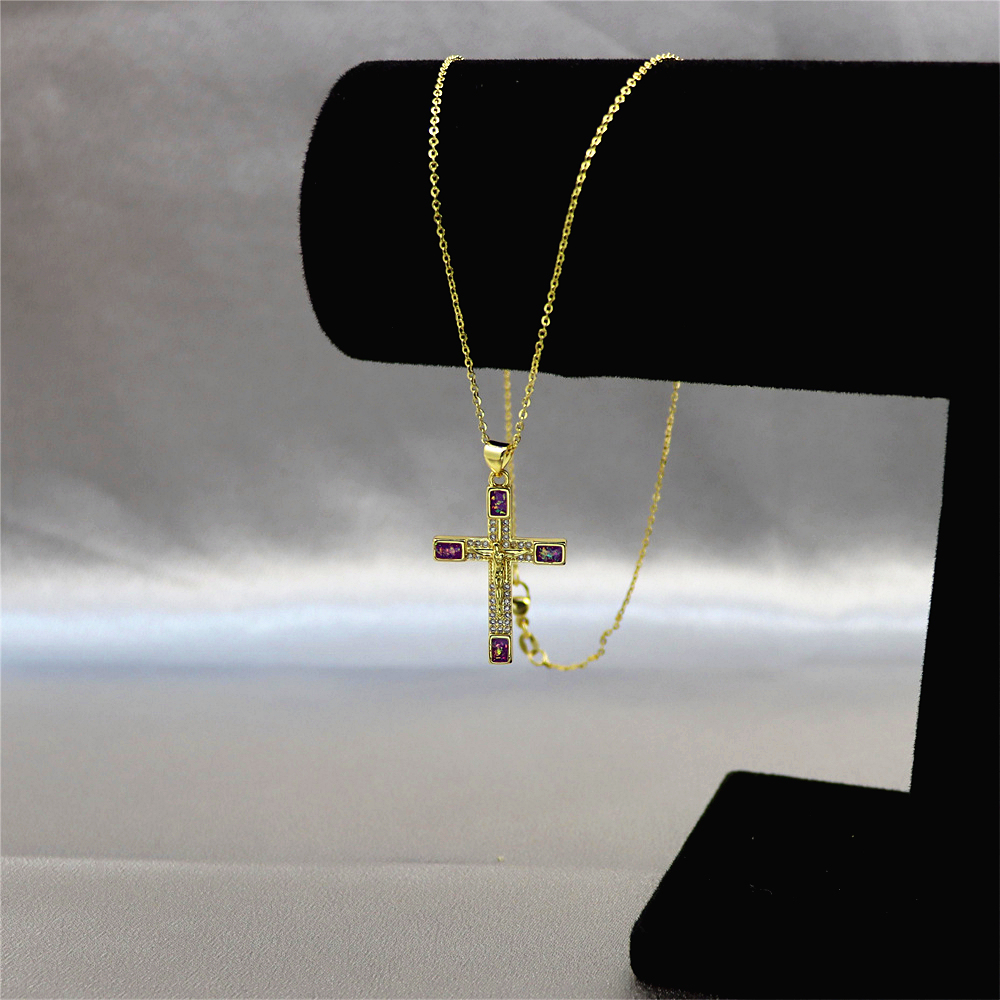 Gold-Plated Cross Copper Pendant Necklace with Opal –  Collarbone Chain for Unique Style