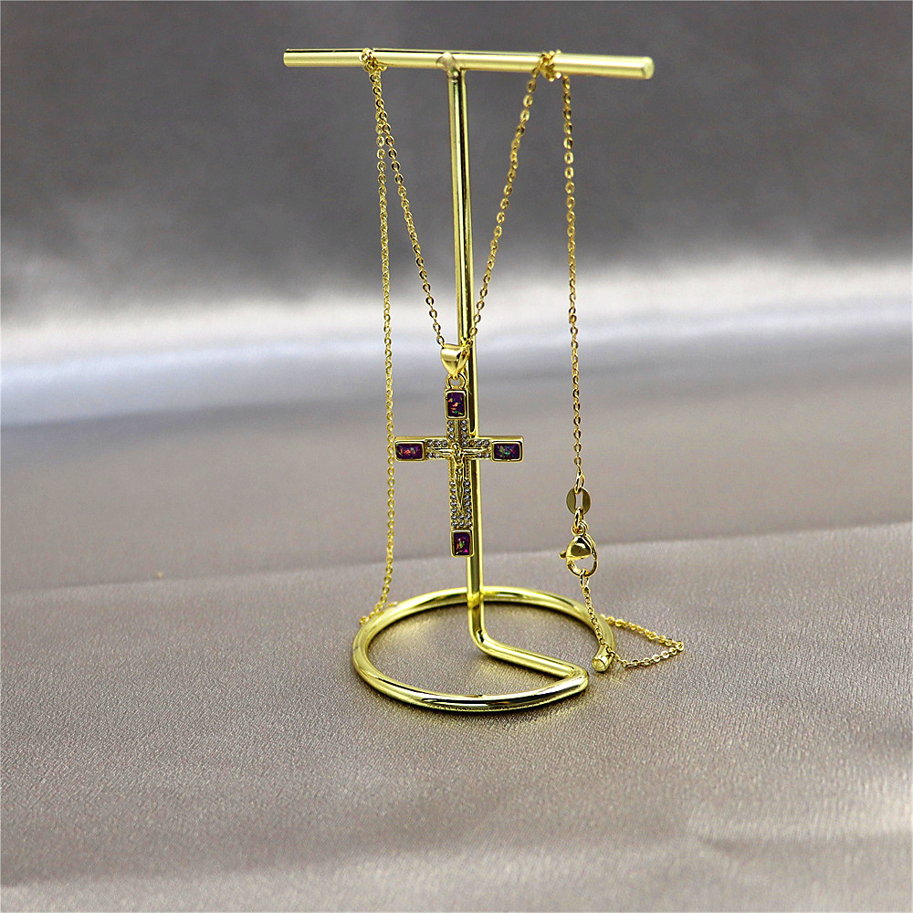 Gold-Plated Cross Copper Pendant Necklace with Opal –  Collarbone Chain for Unique Style