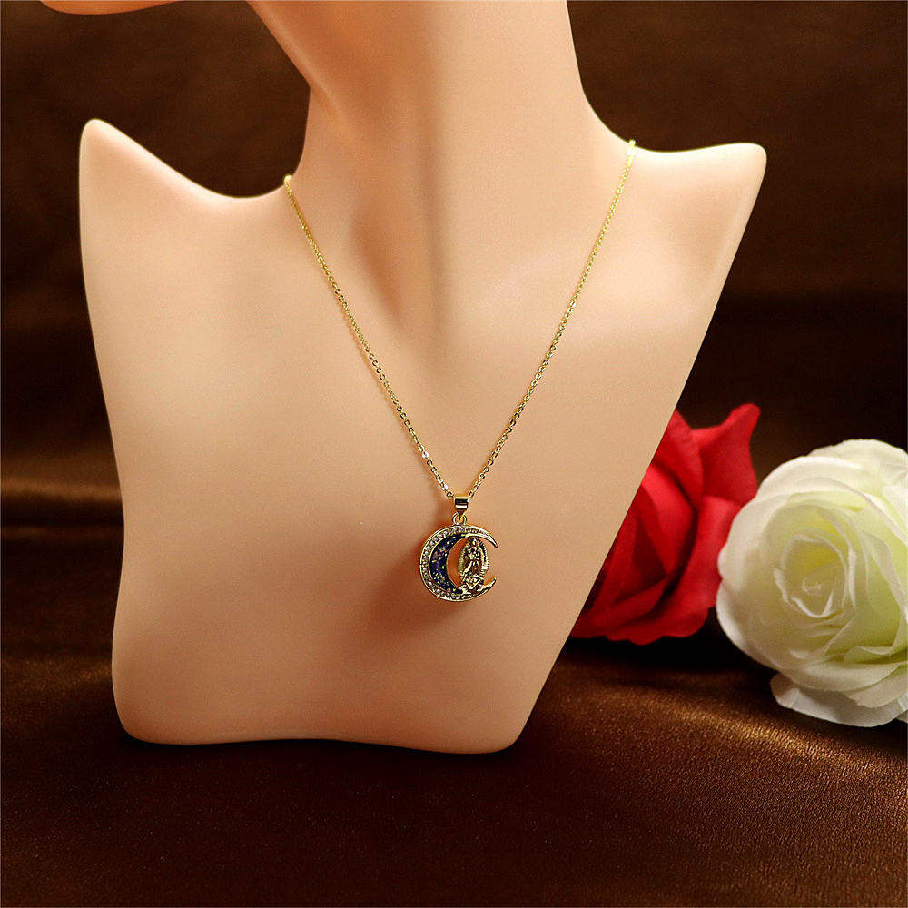 Gold-Plated Copper Madonna of the Moon Pendant Necklace with Opal – Personalized Collarbone Chain Trend