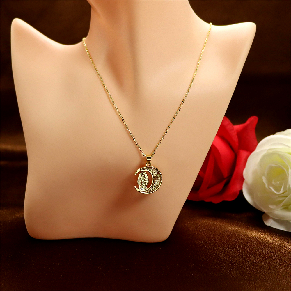 Gold-Plated Copper Madonna of the Moon Pendant Necklace with Opal – Personalized Collarbone Chain Trend
